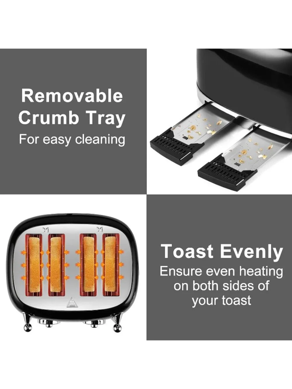 4 Slice Black Stainless Steel Retro Defrost Toaster with Wide Slots for Bagels